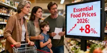 Segurança Alimentar: Aumento de 8% em 2026 e Estratégias para Economizar Família preocupada em supermercado com aumento de preços de alimentos essenciais em 2026.