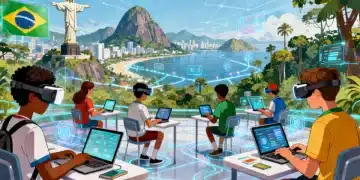 Futuro da Educação a Distância no Brasil em 2026, com estudantes interagindo com tecnologia e aprendizado online.