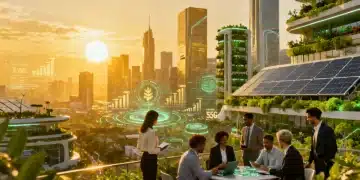 Futuro dos investimentos ESG: cidade sustentável com gráficos financeiros
