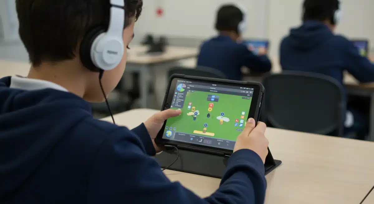 Estudante concentrado participando de um ambiente de aprendizagem gamificado, interagindo com conteúdo educacional em um tablet e fones de ouvido.