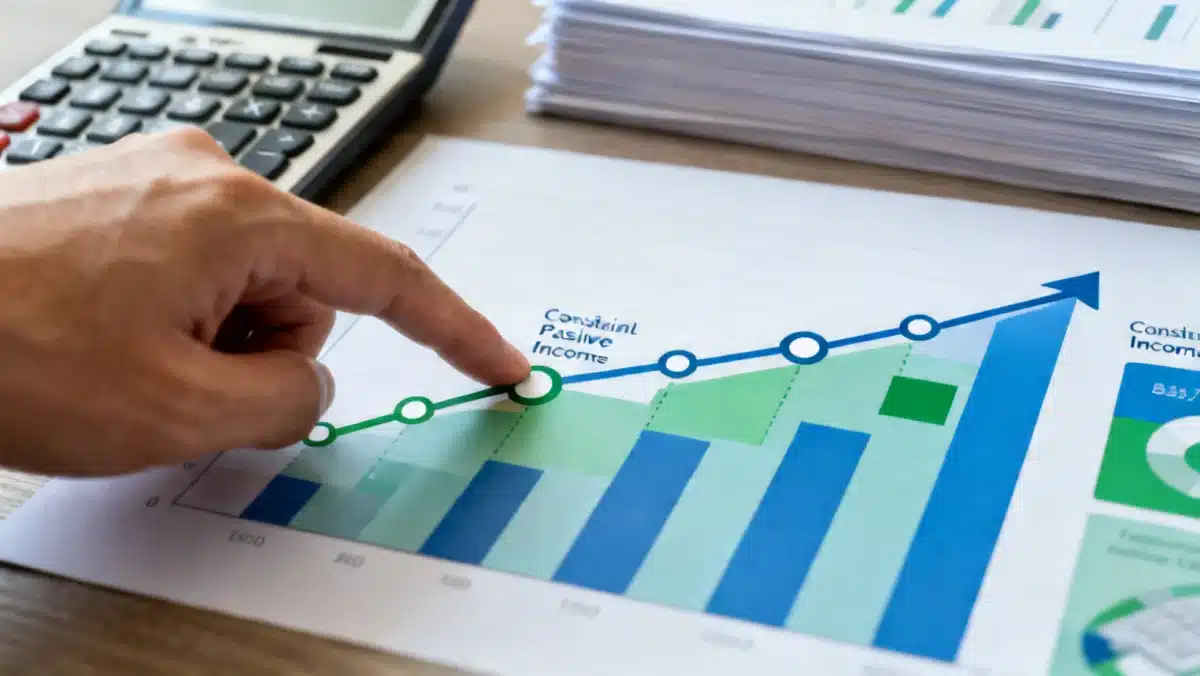 Gráfico financeiro mostrando o desempenho ascendente de Fundos Imobiliários e um cálculo de rentabilidade, representando a busca por renda passiva.