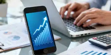 Gráfico financeiro em tela de smartphone, representando o crescimento de investimentos em 2026, com foco em fundos de alta performance e baixas taxas.