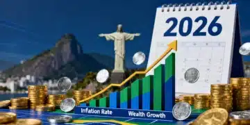 Gráficos financeiros com moedas e calendário 2026, simbolizando proteção contra a inflação no Brasil.