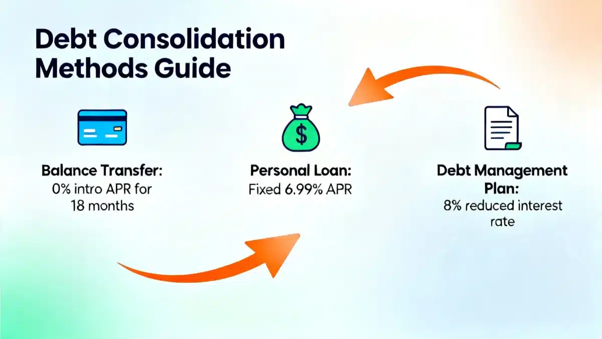 Infográfico detalhando métodos de consolidação de dívidas e seus benefícios financeiros.