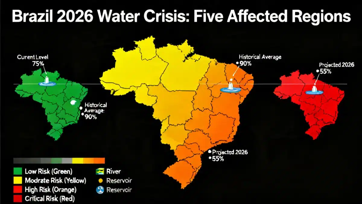 Infográfico detalhando as cinco regiões do Brasil mais afetadas pela crise hídrica de 2026.