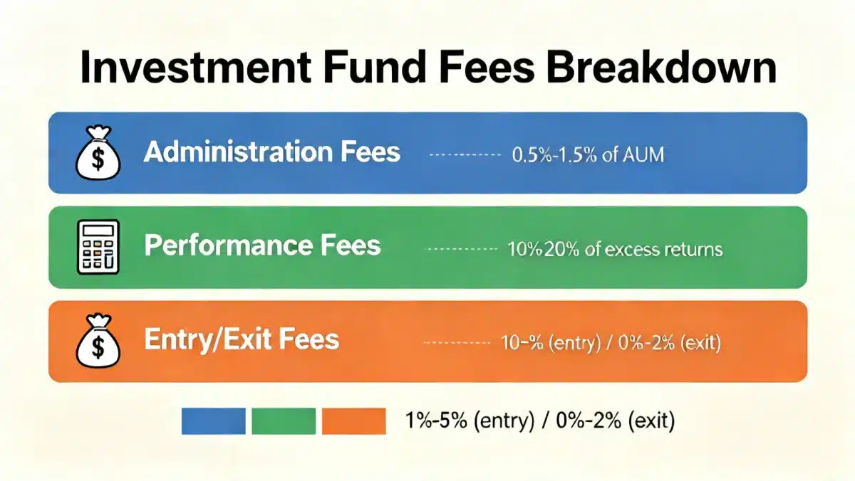 Infográfico detalhado sobre os tipos de taxas em fundos de investimento, mostrando a importância de taxas de administração baixas para o investidor.