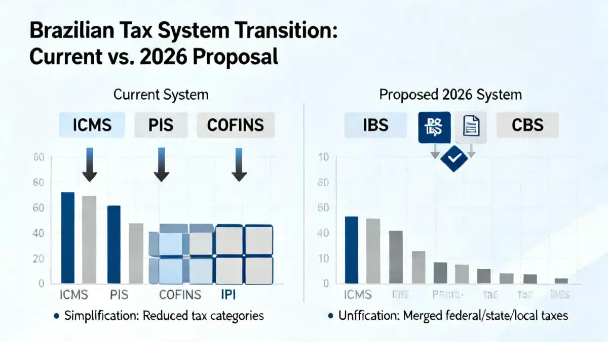 Infográfico detalhando a transição do sistema tributário atual para o modelo da reforma de 2026, com foco na unificação de impostos e introdução do IBS e CBS.
