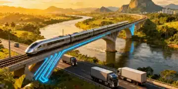 Visão futurista de um grande projeto de infraestrutura no Brasil em 2026, com trens de carga e rodovias interligadas.