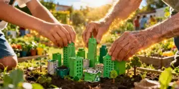 Mãos diversas construindo uma cidade verde com materiais reciclados, simbolizando inovação social e colaboração no Brasil.
