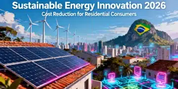 Inovações em energia sustentável no Brasil em 2026, com painéis solares e turbinas eólicas, prometem contas de luz mais baixas.