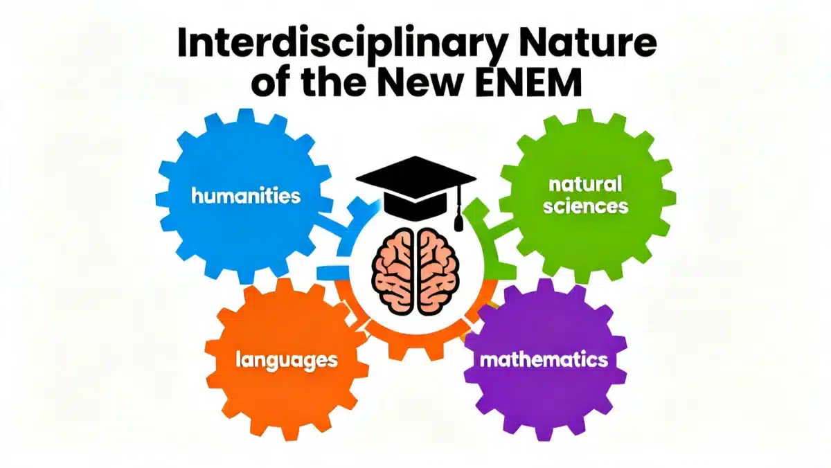 Diagrama visual das áreas do conhecimento integradas no novo formato do ENEM 2026.