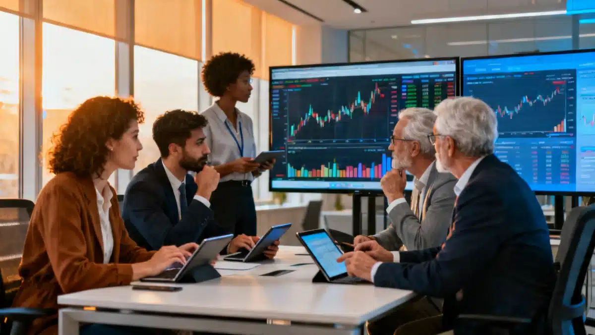 Grupo de investidores analisando estratégias de diversificação e gestão de riscos