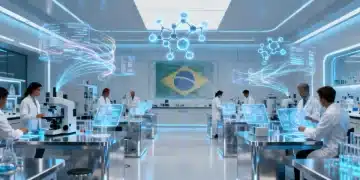 Cientistas trabalhando em laboratório futurista com equipamentos avançados e tecnologia de ponta no Brasil em 2026.