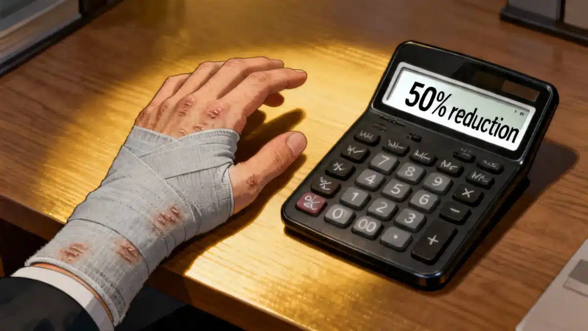 Mão lesionada com cicatrizes, ao lado de calculadora exibindo 50%, simbolizando sequela permanente e cálculo do benefício de auxílio-acidente.