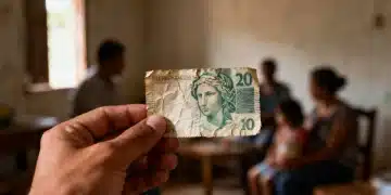 Mão segurando uma nota de real amassada, simbolizando a dificuldade financeira de famílias impactadas pelo Auxílio-Reclusão.