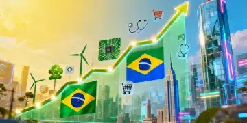 Gráficos de ações em alta com elementos da bandeira brasileira, simbolizando o mercado de ações brasileiro em 2026 e o potencial de crescimento em setores promissores.