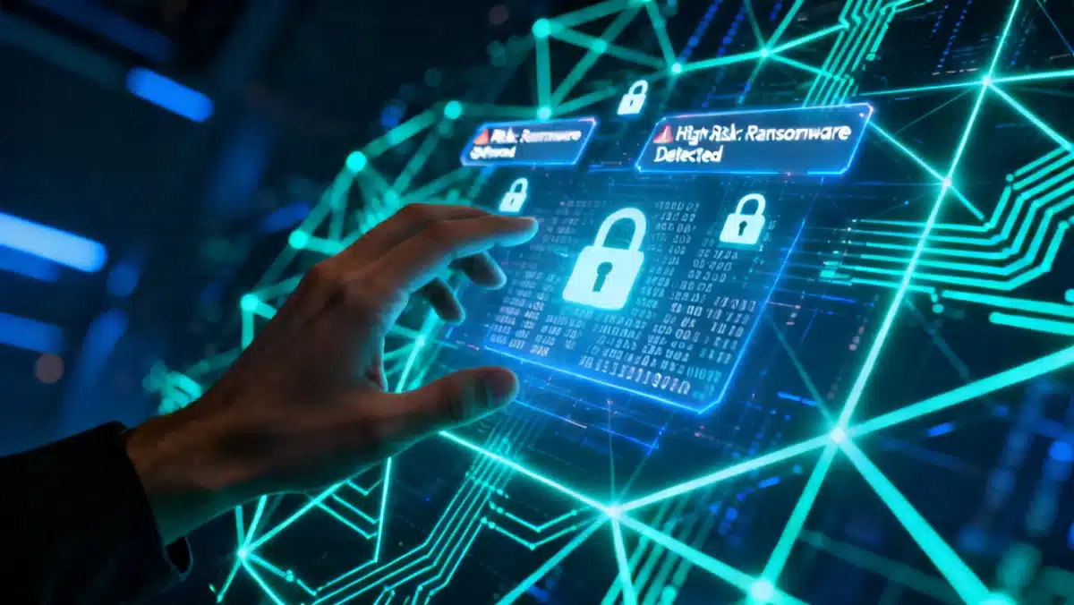 Mão interagindo com interface holográfica de cibersegurança, mostrando monitoramento de ameaças e proteção de dados