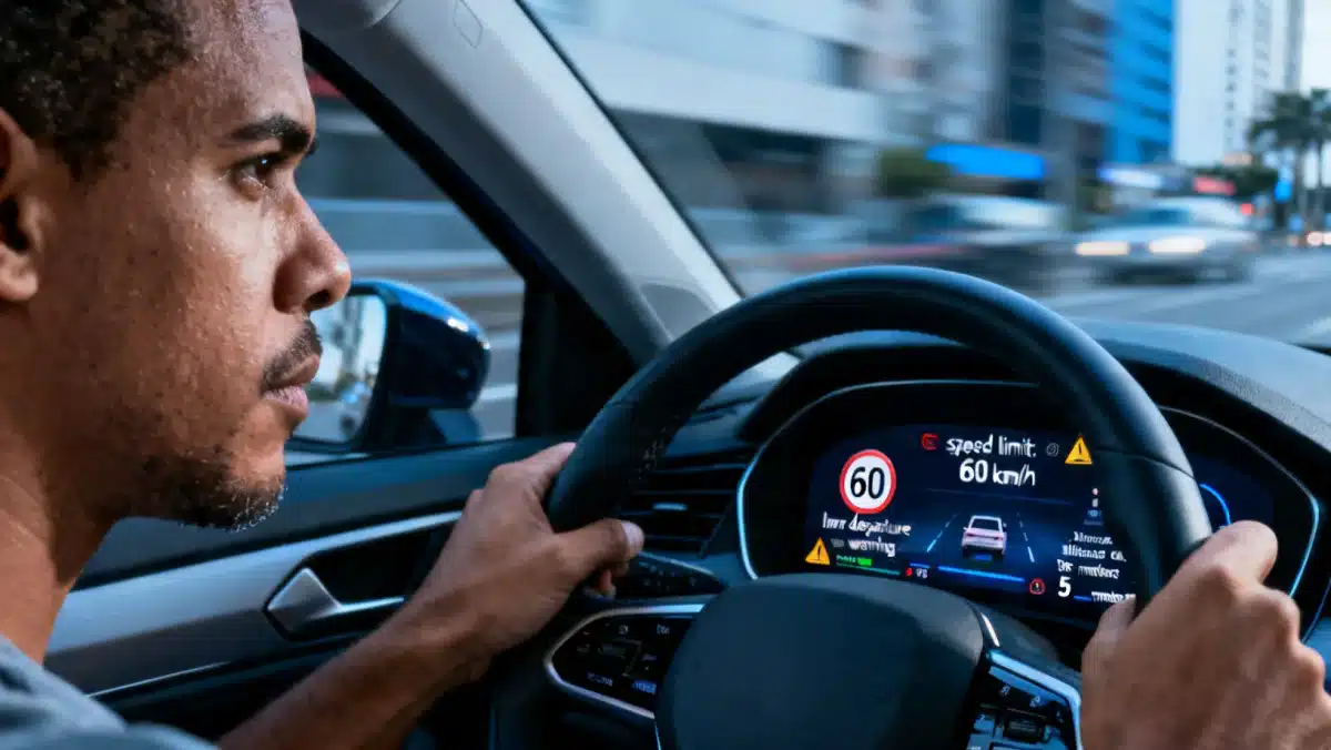 Mãos de motorista segurando um volante moderno, com painel digital exibindo informações sobre as leis de trânsito, simbolizando a atenção às novas regras.