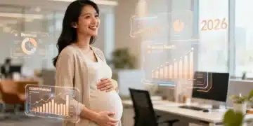 Salário-Maternidade 2026: Novas Condições e Impacto de 15% no Valor Mulher grávida e sorridente tocando a barriga em um ambiente moderno, com elementos digitais que representam finanças e benefícios, simbolizando o suporte do salário-maternidade em 2026.