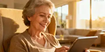 Mulher idosa sorridente consultando informações sobre o BPC 2026 em tablet.