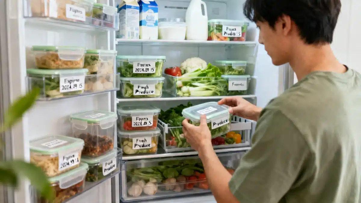 Pessoa organizando alimentos na geladeira para evitar desperdício e maximizar economia.