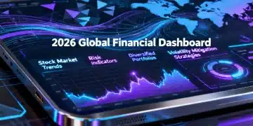 Painel financeiro futurista com gráficos de renda variável e indicadores de risco para 2026