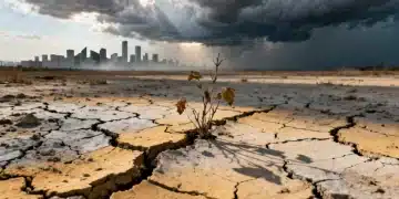 Paisagem árida com terra rachada simbolizando a crise hídrica de 2026 no Brasil.