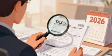 Pessoa analisando documentos fiscais com lupa, um calendário de 2026 ao fundo, simbolizando a Reforma Tributária e planejamento financeiro.