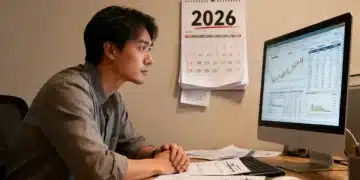 Reforma Tributária 2026: IRPF e Preparação no Brasil Pessoa analisando gráficos financeiros e formulários de imposto de renda, com o ano 2026 em destaque, representando a reforma tributária e planejamento futuro.