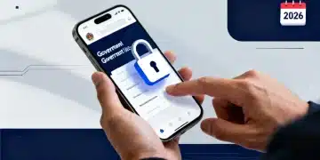 Pessoa consultando benefícios sociais em 2026 em portal oficial com ícone de segurança.