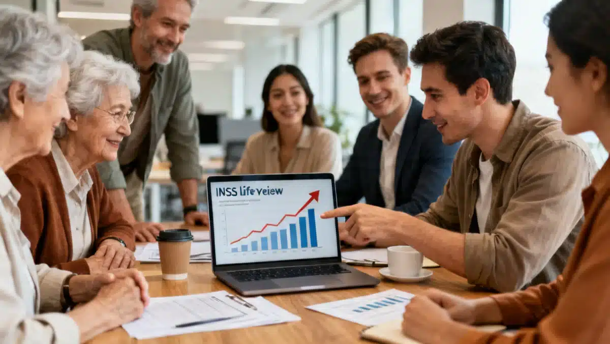 Pessoas discutindo planejamento financeiro e benefícios do INSS