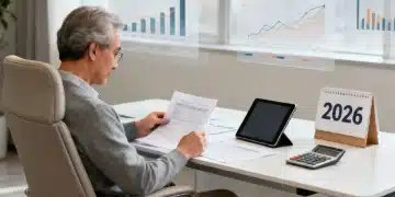 Pessoa planejando sua aposentadoria por idade em 2026 com documentos e tablet, focada em cálculos e transição financeira.