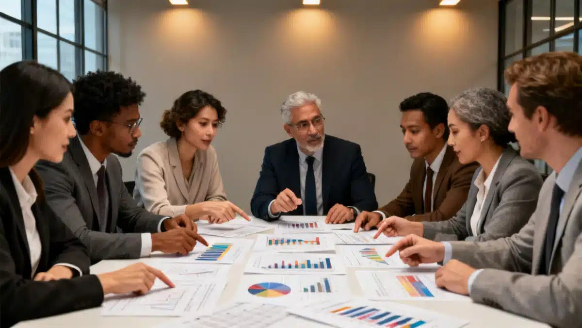 Grupo de pessoas discutindo planejamento financeiro em uma mesa, analisando gráficos e documentos sobre impactos tributários.