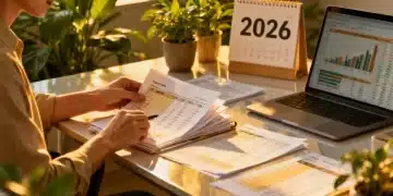 Persona organizando documentos y hojas de cálculo para la planificación financiera de 2026, con un calendario que marca el año.