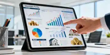 Portfólio de investimentos diversificado em tablet com gráficos de ativos variados, simbolizando planejamento financeiro para 2026.