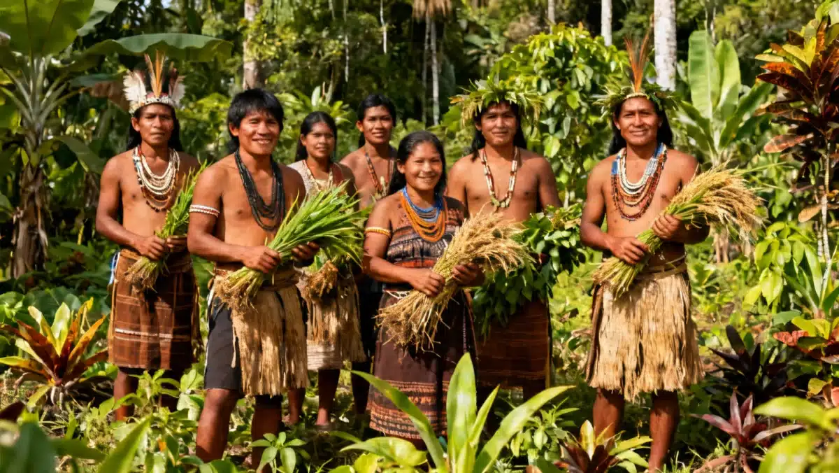 Comunidade indígena na Amazônia praticando agricultura sustentável, exemplificando o papel crucial dos povos tradicionais na conservação.