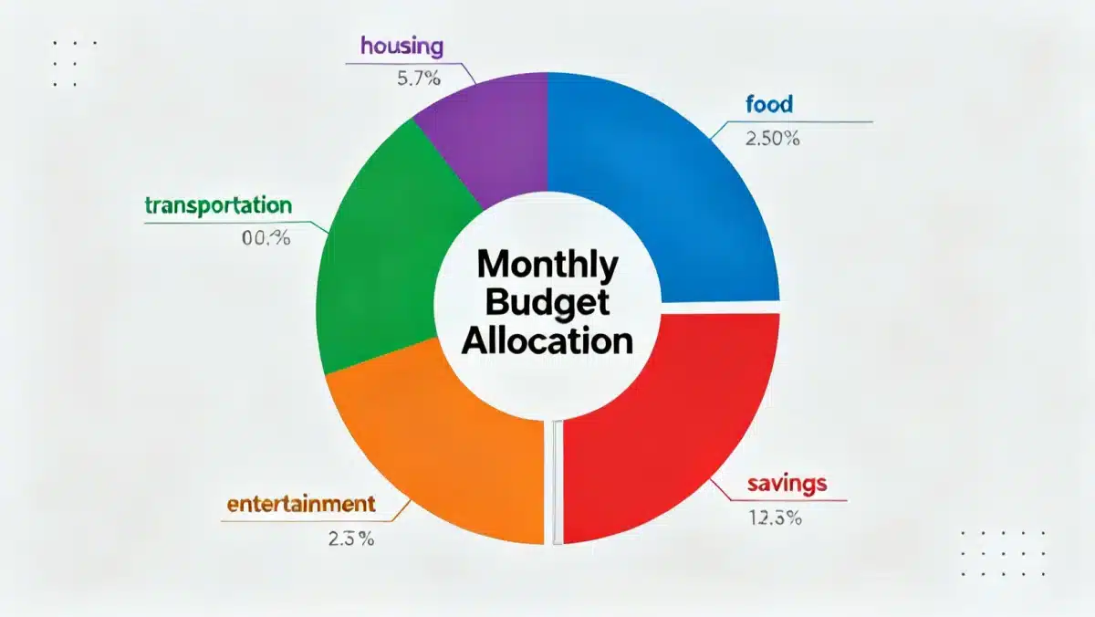 Gráfico circular de un presupuesto personal con diferentes categorías de gastos y una porción destacada para el ahorro mensual.