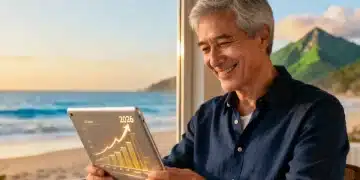 Previdência Privada 2026: Aposentadoria com 15% a Mais Pessoa sorrindo olhando gráficos financeiros em tablet, com paisagem de aposentadoria tranquila ao fundo.