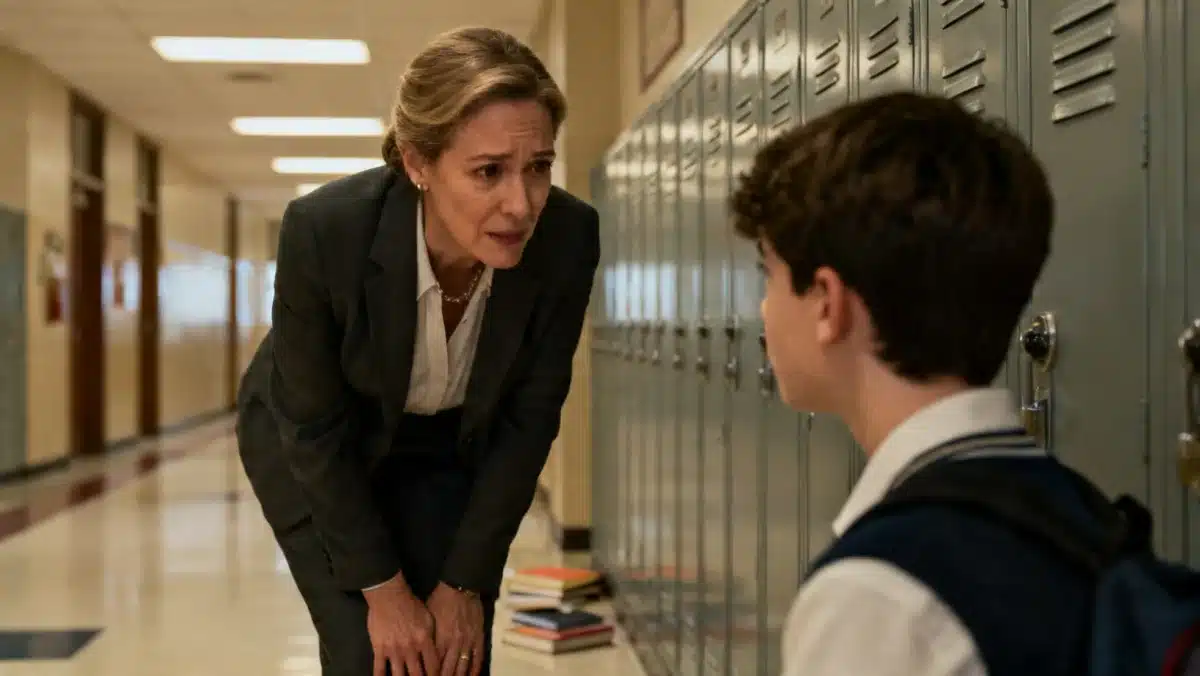 Professor conversando individualmente com aluno, demonstrando apoio e intervenção contra o abandono escolar.
