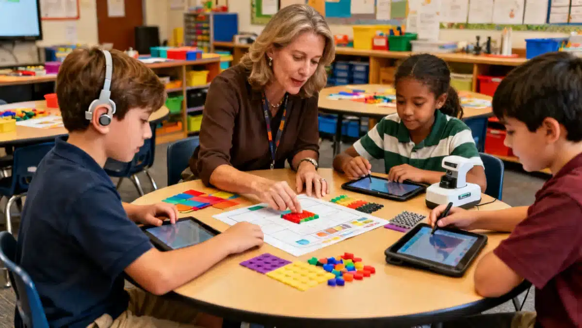 Professora facilitando atividade colaborativa com alunos, incluindo um com aparelho auditivo, usando dispositivos táteis e materiais coloridos.