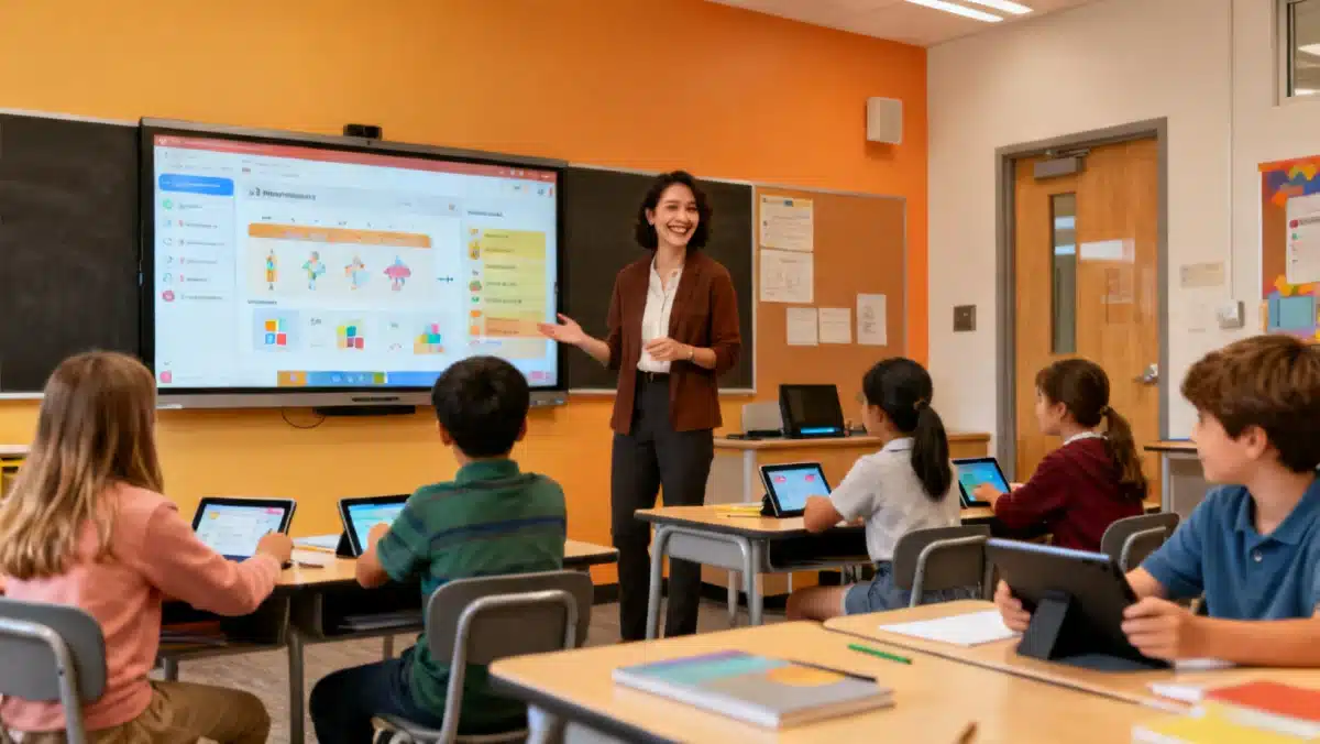 Professora utilizando tecnologia interativa em sala de aula com alunos engajados, promovendo aprendizado dinâmico e inclusivo.