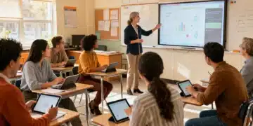 Professores em formação continuada discutindo novas metodologias ativas em uma sala de aula moderna e colaborativa.