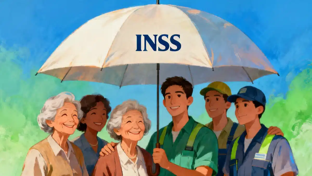Grupo diversificado de pessoas sob um guarda-chuva com o logo do INSS, simbolizando a proteção social.
