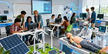 Jovens adultos aprendendo em um curso técnico, simbolizando qualificação profissional para 2026.