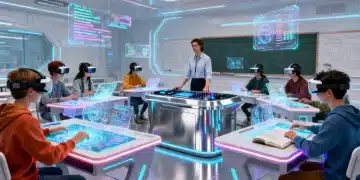 Alunos em uma sala de aula futurista de 2026 com óculos de realidade virtual e projeções holográficas, interagindo com tecnologia avançada para aprender.