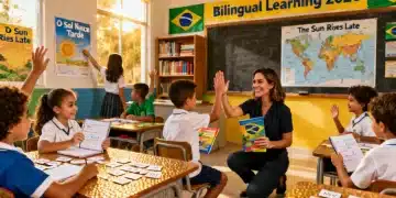 Alunos em sala de aula bilíngue no Brasil, com materiais didáticos em português e inglês, interagindo com o professor.