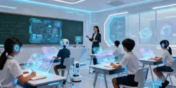 Alunos interagindo com projeções holográficas em uma sala de aula futurista, impulsionada por inteligência artificial.