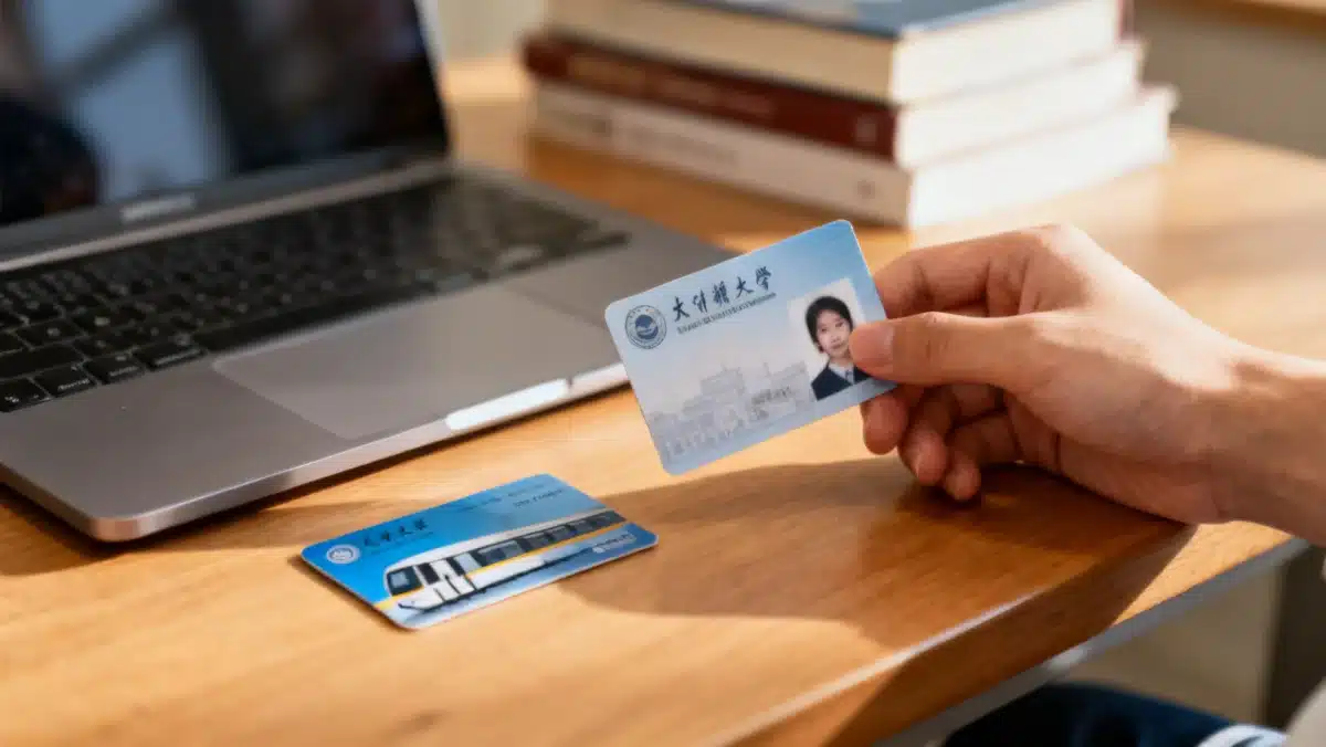 Tarjeta universitaria y de transporte público, simbolizando las ayudas económicas y de movilidad para estudiantes.