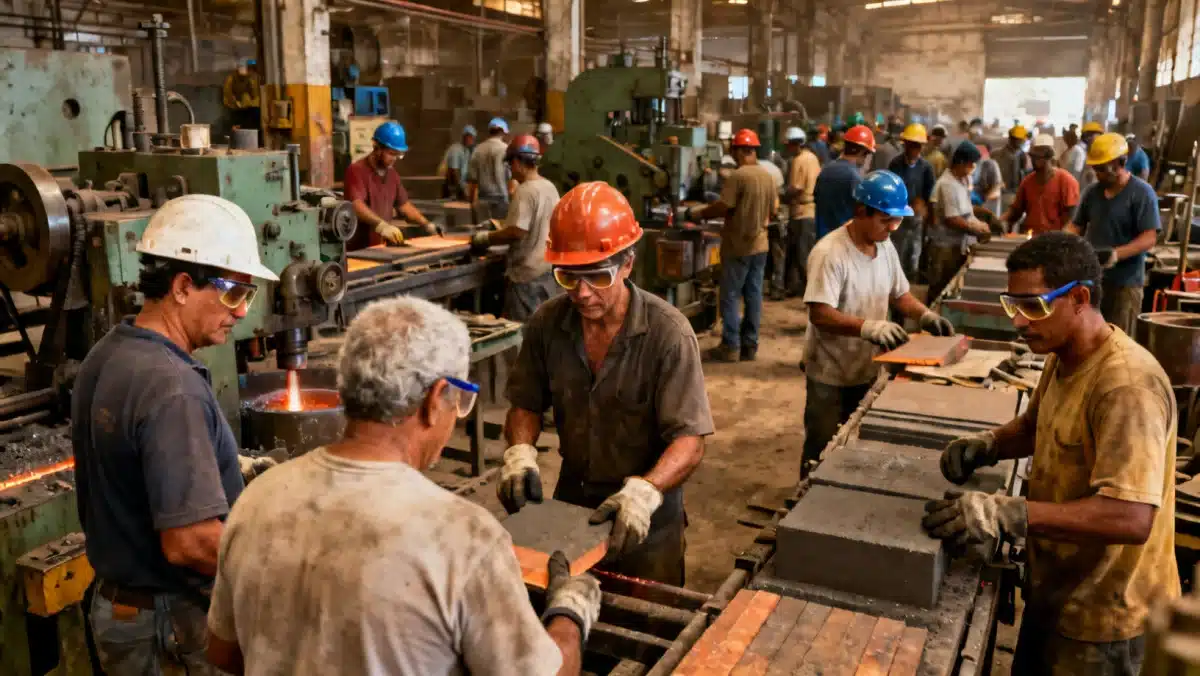 Trabalhadores em ambiente industrial, representando os afetados pela aposentadoria especial 2026.
