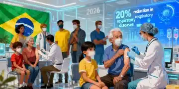 Profissionais de saúde aplicando vacinas em diversas pessoas, simbolizando as campanhas de 2026